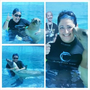 Nancy Beth and #FlatLola swimming and loving on the sea lion